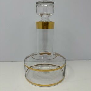 Vintage MCM Clear Glass Wide Bottom Decanter w/ Stopper Gold Trim A0